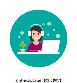 cute freelancer girl on computer with earphones. flat vector cartoon illustration in turquoise circle. creative work. manager with laptop. chat online, home workplace, internet conversation. 