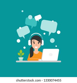 Cute freelancer girl on computer with speech bubbles. flat vector cartoon illustration on blue background. outsourcer on work table with laptop. chatting, home workplace, job online, internet. 