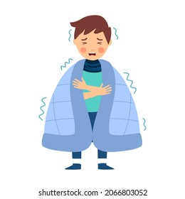 Cute freezing boy child in winter. Kids shivering under blanket in flat design on white background.