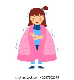 Cute freezing girl child in winter. Kids shivering under blanket in flat design on white background.