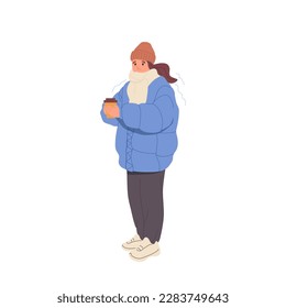 Cute freezing woman wearing winter clothes holding cup of hot takeaway coffee to keep warm