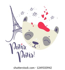 Cute French baby panda. Hand drawn vector illustration. For kid's or baby's shirt design, fashion print design, graphic, t-shirt,kids wear. Paris, Paris