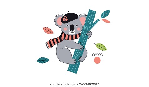 Cute french beret koala hugging tree branch surrounded by autumn leaves and abstract shapes