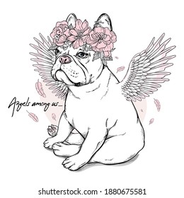 Cute french bulldog with angel wings. Dog in flower wreath. Angels among us illustration. Stylish image for printing on any surface	