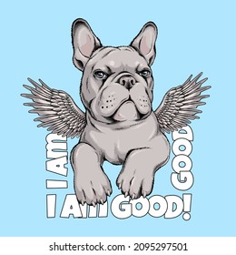 Cute french bulldog with angel wings. Vector illustration in hand-drawn style. Stylish image for printing on any surface