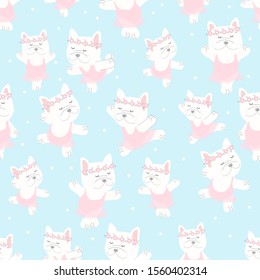 cute french bulldog ballerina dance in pink dress seamless pattern on blue background 