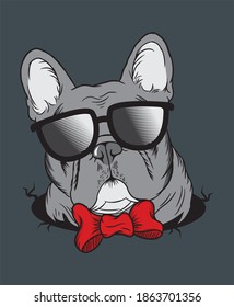Cute french bulldog with black glasses cartoon vector illustration design