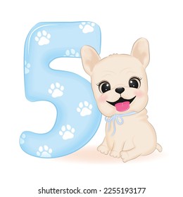 Cute French Bulldog and Blue number 5 illustration