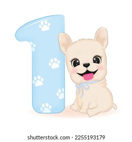 Cute French Bulldog and Blue number 1 illustration