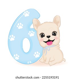 Cute French Bulldog and Blue number 6 illustration