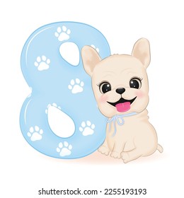 Cute French Bulldog and Blue number 8 illustration