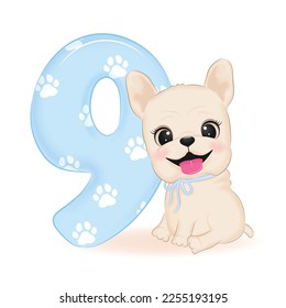 Cute French Bulldog and Blue number 9 illustration