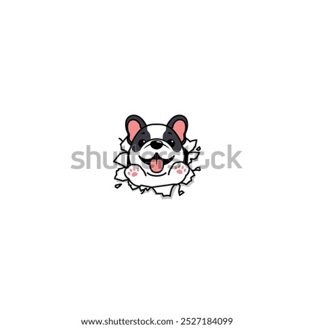 Cute french bulldog break through the paper cartoon, vector illustration