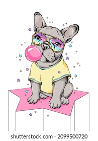 Cute french bulldog with bubble gum. Dog on a background of stars. Image for printing on any surface