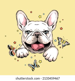 Cute french bulldog with butterflies.  Vector illustration. Stylish image for printing on any surface