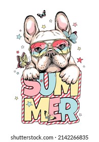 Cute french bulldog with butterflies.Summer illustration. Stylish image for printing on any surface