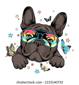 Cute french bulldog with butterflies.Summer illustration. Stylish image for printing on any surface