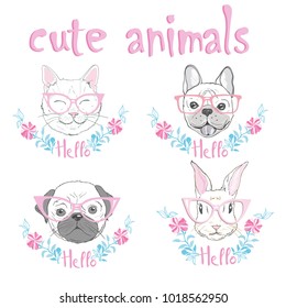 cute french bulldog, cat, rabbit hand drawn graphic, animal illustration