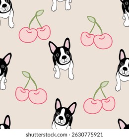 Cute French Bulldog and Cherry Seamless Pattern – Kawaii Dog and Fruit on Pink, Blue, Yellow, Beige Background