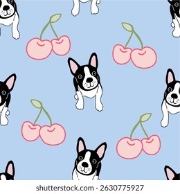 Cute French Bulldog and Cherry Seamless Pattern – Kawaii Dog and Fruit on Pink, Blue, Yellow, Beige Background