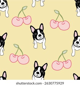 Cute French Bulldog and Cherry Seamless Pattern – Kawaii Dog and Fruit on Pink, Blue, Yellow, Beige Background