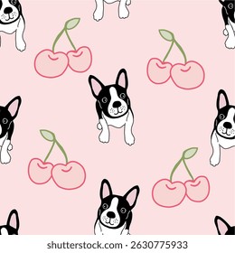 Cute French Bulldog and Cherry Seamless Pattern – Kawaii Dog and Fruit on Pink, Blue, Yellow, Beige Background