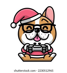 A CUTE FRENCH BULLDOG WITH CHRISTMAS HAT IS PLAYING VIDEO GAME