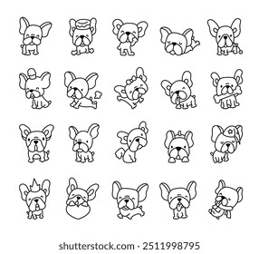 Cute French bulldog. Coloring Page. Funny cartoon animal. Hand drawn style. Vector drawing. Collection of design elements.