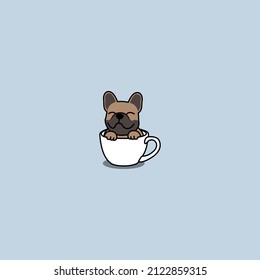 Cute french bulldog in a cup cartoon, teacup dog, vector illustration