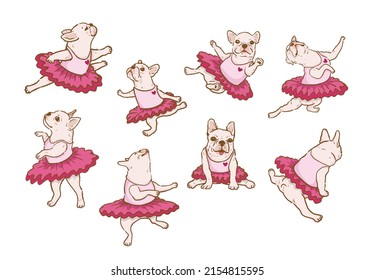 Cute french bulldog dancing ballet in different poses dancing dog isolated vector set