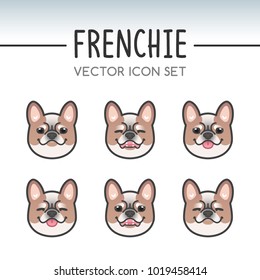 Cute French bulldog dog breed vector icon sticker set inspired by kawaii Japanese anime style. Frenchie puppy face showing various emotions. Emoticon, emoji or costume mask template. Expanded lines.