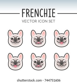 Cute French bulldog dog breed vector icon sticker set inspired by kawaii Japanese anime style. Frenchie puppy face showing various emotions. Emoticon, emoji or costume mask template. Expanded lines.