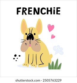 Cute french bulldog. The dog farted. Vector hand-drawn illustration.