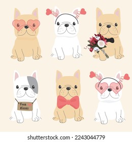 cute french bulldog dog in valentines day costume flat style collection eps10 vectors illustration