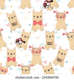 cute french bulldog dog in valentines day costume seamless pattern