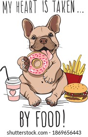 Cute French bulldog eats a doughnut. Vector Puppy eats fast food. Cute vector bulldog is not fat, his heart is taken by food