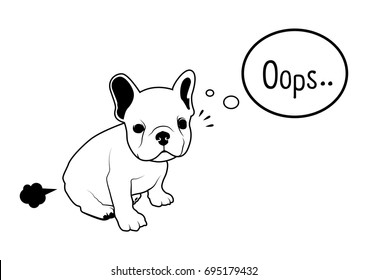 Cute French Bulldog Fart Black and White Concept Vector. Amusing black and white vector of a cute French Bulldog playfully letting out a fart, creating a fun and light-hearted visual.