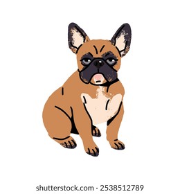 Cute French Bulldog with fawn color. Happy puppy with adorable muzzle sits. Funny toy dog has a rest. Amusing pet, domestic animal relaxes. Flat isolated vector illustration on white background