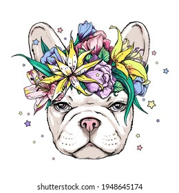 Cute french bulldog in floral wreath. Vector illustration in hand-drawn style. Image for printing on any surface