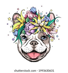 Cute french bulldog in floral wreath. Vector illustration in hand-drawn style. Image for printing on any surface	