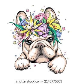 Cute french bulldog in floral wreath. Vector illustration in hand-drawn style. Image for printing on any surface	
