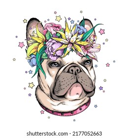 Rutsche französische Bulldogge im Blumenkranz. Vektorgrafik im handgezeichneten Stil. Bild für den Druck auf einer beliebigen Oberfläche	