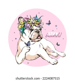 Cute french bulldog in floral wreath. Stay beautiful illustration. Image for printing on any surface	