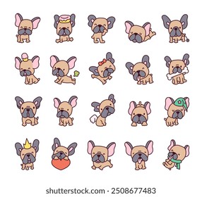 Cute French bulldog. Funny cartoon animal. Hand drawn style. Vector drawing. Collection of design elements.