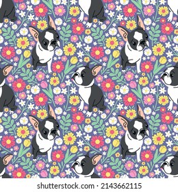 CUTE FRENCH BULLDOG WITH FUNNY FACE IN FLORAL BACKGROUND. FLAT SEAMLESS PATTERN.