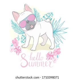 cute french bulldog with glasses, hand drawn graphic, animal illustration