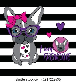 Cute french bulldog with glasses on striped background. Vector illustration for baby kids t-shirt graphics design.