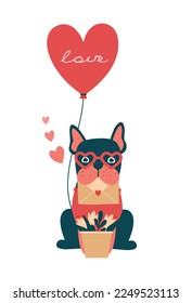 Cute french bulldog in glasses sitting with balloon in shape of heart, love letter in teeth and bouquet of flowers. Lovely clipart for card to Valentine's Day, Happy Birthday. Flat vector illustration