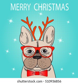 Cute French Bulldog with glasses. Vector Illustration. Christmas holiday greeting card with French Bulldog. Winter greeting card. Merry Christmas! Merry Holidays! Happy New year card. Pop Art style.