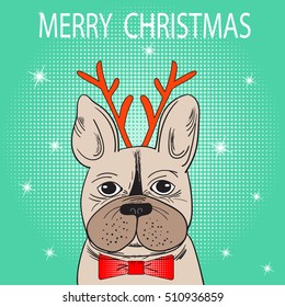 Cute French Bulldog with glasses. Vector Illustration. Christmas holiday greeting card with French Bulldog. Winter greeting card. Merry Christmas! Merry Holidays! Happy New year card. Pop Art style.